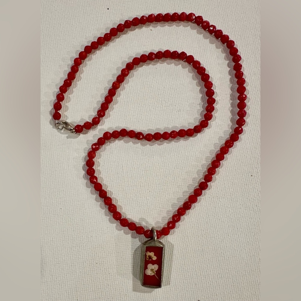 Red Carnelian Beaded Necklace with Dried Flower Pendant